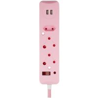 Switched 3 way Surge protected Multiplug with Dual 2.4A USB Ports - 0.5m - Braided cord Pink